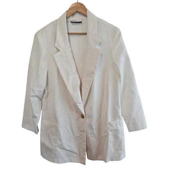 Vintage Blazer Women Size 16 White 80s Fitted Glam Rock Preppy Going Out Neutral - Picture 1 of 10